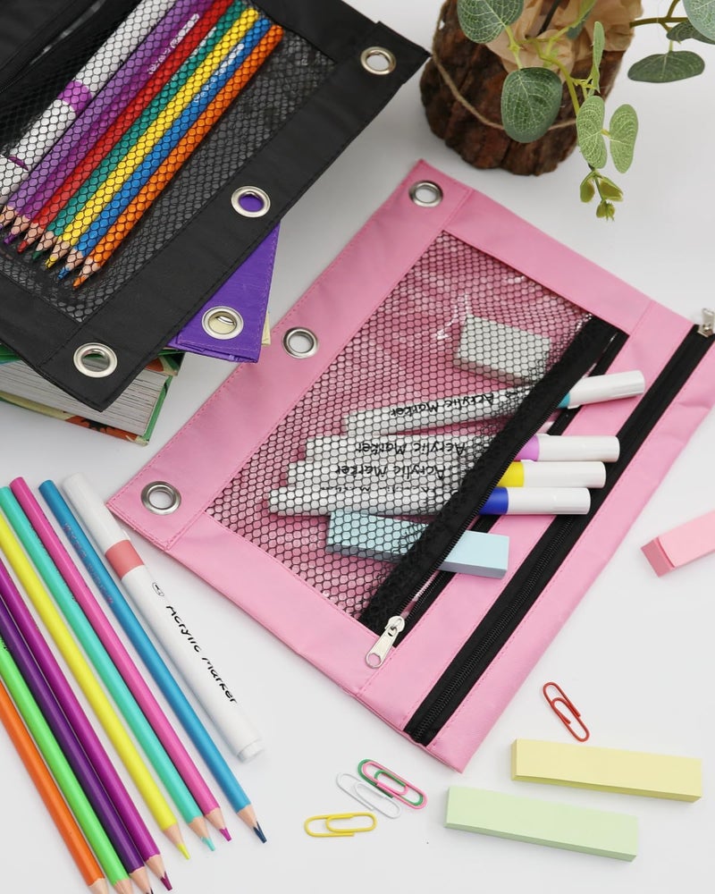 INNOIO 3 Ring Binder Pencil Pouch - School Pencil Case with 2 Zippered Pockets, Clear Mesh Window Pencil Bag, B5 Size, Back to School Gifts (Pink) - Image 2